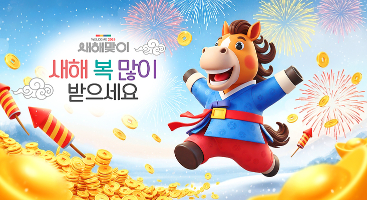 PSD 편집이미지 캐릭터 전통 새해 한국 폭죽 웃음 이벤트 축제 기쁨 축하 말_게임 한복 금화 2026년 이미지편집 병오년 한국전통 감정 아시아 컨셉 표정 황금 전통의상 연도 파일형식