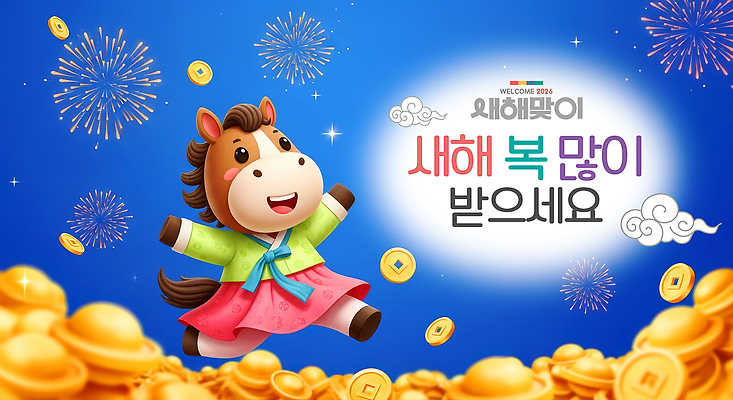 PSD 동물 편집이미지 캐릭터 전통 문화 컬러 백그라운드 새해 이벤트 축제 기쁨 축하 말_게임 화려 메시지 금화 2026년 이미지편집 병오년 감정 컨셉 황금 연도 파일형식