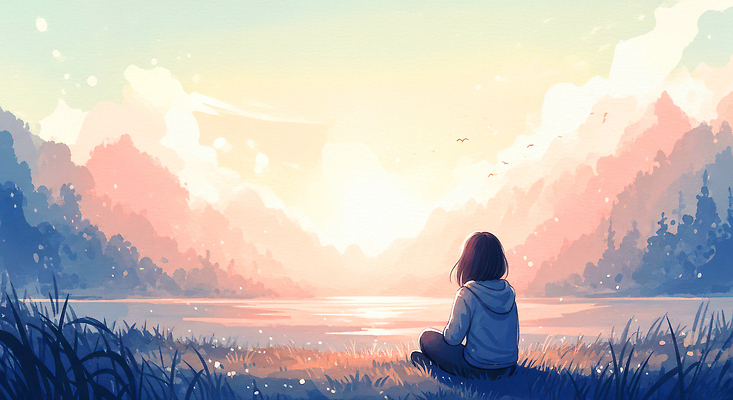 JPG 감정 호수 여유 컬러 일러스트 자연 하늘 아침 바람 산 따뜻함 풍경 소녀 초원 빛 반사 평화 일출 고요 사색 뷰티풀 국내일러스트 주간 자연요소 여자 어린이 컨셉 생각 날씨 노을 생태계 파일형식