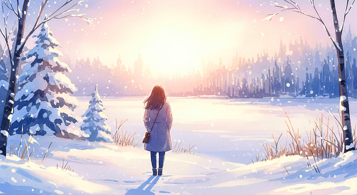 JPG 나무 여자 호수 겨울 일러스트 자연 아침 휴식 풍경 빛 일출 고요 산책 감상 차가움 숲 뷰티풀 국내일러스트 주간 식물 계절 컨셉 사람 노을 생태계 파일형식
