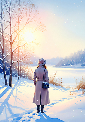 JPG 나무 옷 여자 패션 시계 겨울 가방 일러스트 자연 아침 눈꽃 풍경 강 햇빛 고요 산책 외투 발자국 뷰티풀 국내일러스트 주간 식물 잡화 계절 상의 자국 휴식 눈_날씨 사람 태양 생태계 파일형식