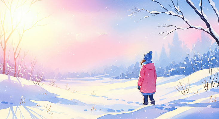 JPG 나무 어린이 이동 겨울 일러스트 자연 하늘 아침 풍경 햇빛 평화 걷기 산책 감상 발자국 눈덮임 국내일러스트 주간 식물 계절 컨셉 자국 모션 휴식 사람 태양 생태계 파일형식