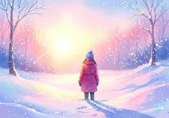 JPG 나무 설경 겨울 일러스트 자연 하늘 아침 조명 눈꽃 따뜻함 사람 풍경 햇빛 평화 코트 발자국 외출 겨울풍경 국내일러스트 주간 식물 계절 컨셉 자국 눈_날씨 태양 외투 생태계 파일형식