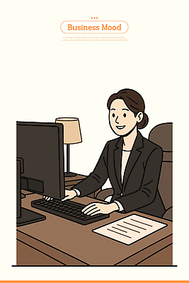 여자 일러스트 비즈니스 성공 회의 조명 직장 기술 컴퓨터 사무실 사무용품 키보드 작업 분위기 집중 문서 경영 국내일러스트 AI파일 컨셉 회사 문구용품 사람 전자제품 파일형식 벡터