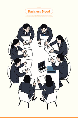 일러스트 비즈니스 회의 커뮤니케이션 협력 아이디어 직장 전자제품 사무실 업무 발전 목표 계획 토론 문서 전략 공유 소통 원탁 국내일러스트 AI파일 컨셉 회사 탁자 작업 파일형식 벡터