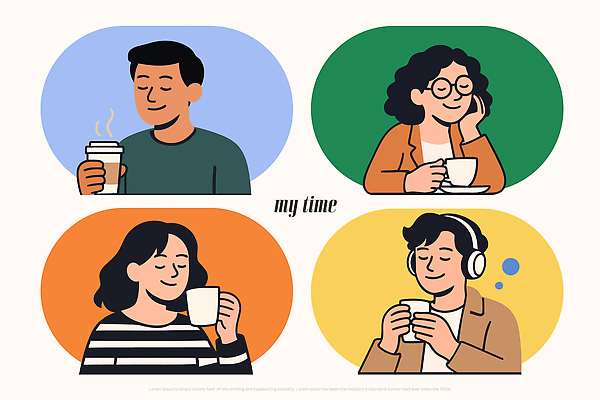 감정 여유 커피 음료 일러스트 휴식 표정 대화 웃음 풍경 여러명 일상 공간 카페 시간 편안함 집중 즐거움 소통 음미 스타일 국내일러스트 AI파일 다수 컨셉 말하기 사람 라이프 상점 감각 파일형식 벡터