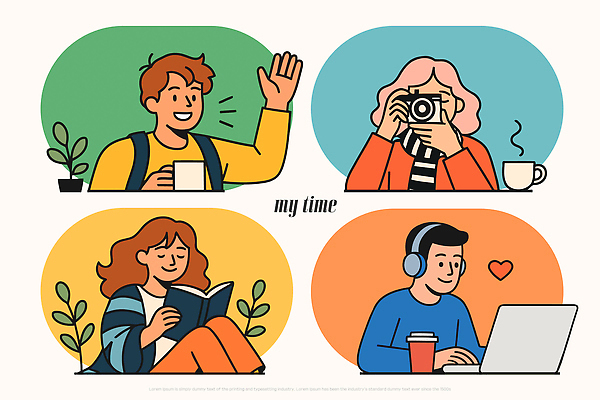 감정 커피 음악 포즈 일러스트 모션 웃음 사람 취미 친구 독서 촬영 감상 공간 시간 편안함 즐거움 창의성 상호작용 국내일러스트 AI파일 음료 관계 문화예술 표정 감각 파일형식 벡터