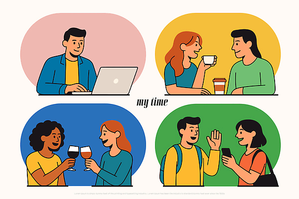 커피 음료 일러스트 모션 휴식 아이디어 대화 웃음 취미 친구 컴퓨터 스크린 카페 만남 작업 편안함 즐거움 소통 친목 국내일러스트 AI파일 감정 컨셉 관계 표정 말하기 전자제품 상점 감각 파일형식 벡터