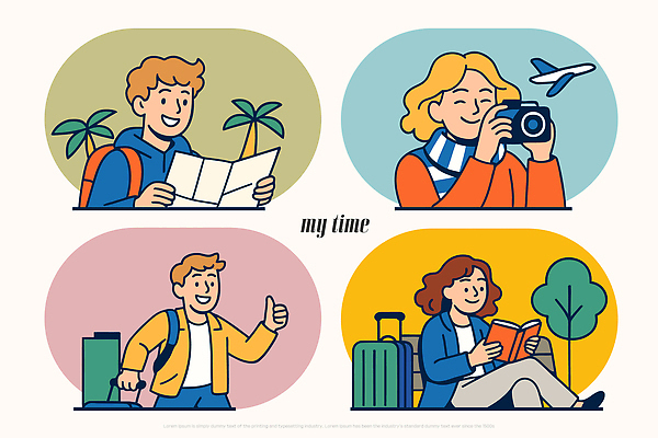 문화 여유 여행 지도 일러스트 모션 비행기 해변 독서 카메라 캐리어 자유 탐험 즐거움 활기 국내일러스트 AI파일 감정 바다 컨셉 항공교통 대중교통 전자제품 여행가방 파일형식 벡터