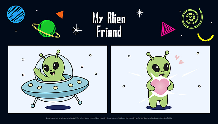 캐릭터 상징 일러스트 사랑 친구 우주 귀여움 기쁨 외계인 하트 축하 표현 우주선 즐거움 우주여행 소통 일러캐릭터 AI파일 모양 감정 여행 컨셉 관계 미확인물체 파일형식 벡터