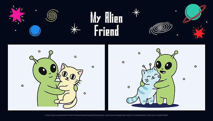 동물 캐릭터 감정 컬러 일러스트 관계 포옹 따뜻함 순간포착 사랑 친구 우주 귀여움 고양이 외계인 표현 장면 순간 일러캐릭터 AI파일 컨셉 포유류 안기 촬영기법 반려동물 미확인물체 파일형식 벡터