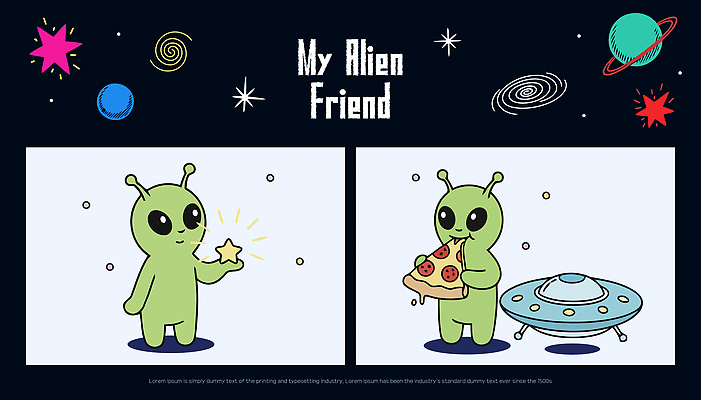 캐릭터 디자인 별 어린이 예술 음식 컬러 일러스트 피자 친구 우주 귀여움 외계인 즐거움 긍정 UFO 스토리 상상력 창의성 일러캐릭터 AI파일 자연요소 감정 컨셉 관계 패스트푸드 서양음식 사람 미확인물체 파일형식 벡터