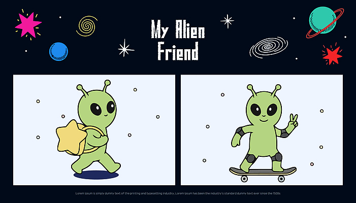 캐릭터 별 일러스트 모션 상상 놀이 표정 미소 친구 평화 걷기 우주 귀여움 스케이트 외계인 승차 즐거움 그림 일러캐릭터 AI파일 자연요소 감정 스포츠용품 컨셉 관계 미확인물체 파일형식 벡터