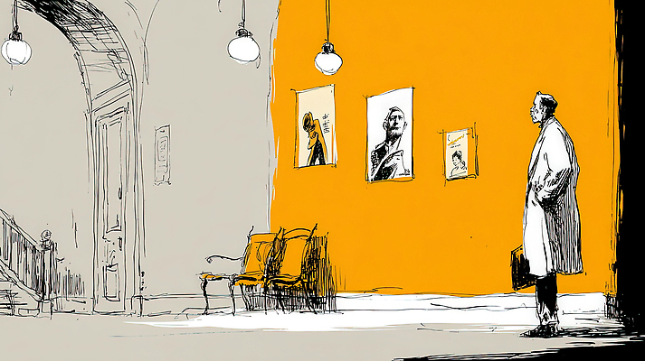 JPG 디자인 시선 남자 문화 예술 벽 일러스트 상상 조명 창조 사람 소파 주황색 감상 공간 분위기 회의실 그림 작품 대기실 국내일러스트 컬러 컨셉 의자 미술 파일형식