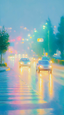 JPG 나무 도로 여유 교통 일러스트 자동차 날씨 거리 풍경 물 빛 반사 고요 도시 비 분위기 저녁 감성 소음 색감 국내일러스트 자연요소 식물 감정 길 육상교통 컨셉 교통시설 소리 야간 파일형식