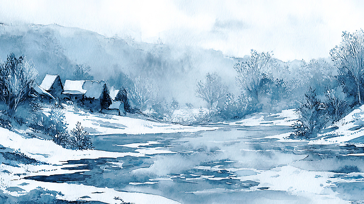 JPG 나무 예술 겨울 일러스트 자연 하늘 수채화 풍경 물 강 평화 마을 고요 안개 차가움 조용 뷰티풀 풍경화 국내일러스트 AI일러스트 AI콘텐츠 자연요소 식물 계절 컨셉 날씨 그림 생태계 파일형식