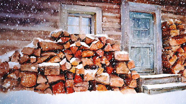 JPG 나무 건축 겨울 일러스트 자연 주택 따뜻함 풍경 야외 고요 시골 눈송이 차가움 장작 조용 온기 풍경화 국내일러스트 AI일러스트 AI콘텐츠 식물 계절 눈_날씨 건물 그림 생태계 파일형식