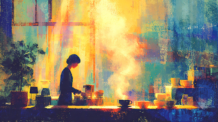 JPG 커피 음료 컬러 일러스트 페인팅 아침 따뜻함 요리 사람 일상 컵 빛 카페 도구 시간 작업 분위기 수증기 찻잔 차분 국내일러스트 주간 식기 컨셉 잔 라이프 상점 파일형식