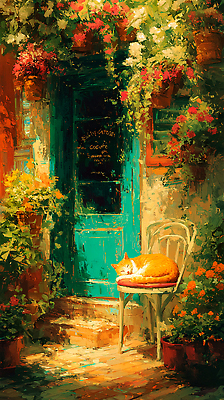 JPG 식물 꽃 컬러 의자 일러스트 자연 풍경 햇빛 문 정원 고양이 카페 시골 분위기 편안함 낮잠 뷰티풀 오후 국내일러스트 가구 컨셉 포유류 반려동물 태양 상점 잠 감각 생태계 파일형식