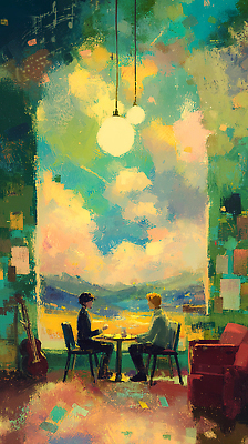 JPG 감정 예술 음악 의자 일러스트 자연 탁자 하늘 조명 산 따뜻함 대화 사람 풍경 친구 카페 만남 시간 분위기 그림 색감 국내일러스트 가구 컨셉 관계 문화예술 말하기 상점 생태계 파일형식