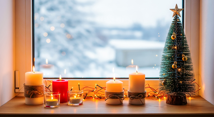 JPG 편집이미지 크리스마스 겨울 전구 초 조명 실내 따뜻함 장식 인테리어 크리스마스트리 분위기 편안함 창가 오브젝트 편집실사 디자인 계절 기념일 컨셉 창문 내부 감각 CG 파일형식