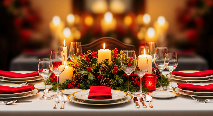 JPG 편집이미지 식기 음식 포크 크리스마스 겨울 와인잔 촛불 식탁 탁자 장식 소나무 분위기 저녁 편집실사 나무 계절 기념일 가구 컨셉 술잔 초 야간 CG 파일형식