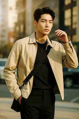 JPG 편집이미지 패션 남자 상의 모션 거리 일상 햇빛 걷기 재킷 도심 모던 스타일 편집실사 옷 사람 라이프 태양 외투 도시 CG 파일형식