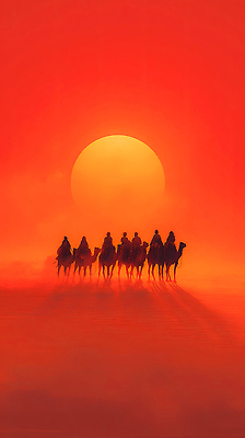 JPG 모래 여행 일러스트 자연 하늘 사람 풍경 여행객 일출 주황색 일몰 사막 체험 그룹 분위기 낙타 행진 국내일러스트 컬러 컨셉 포유류 모션 노을 생태계 파일형식