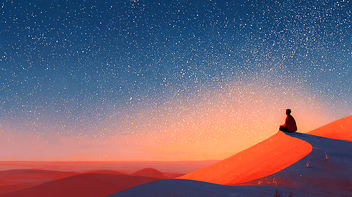 JPG 별 여유 여행 일러스트 자연 하늘 사람 풍경 평화 고요 일몰 꿈 사막 분위기 저녁 사건 모래언덕 조용 사색 은하수 뷰티풀 색감 국내일러스트 자연요소 감정 컨셉 생각 노을 야간 언덕 생태계 파일형식