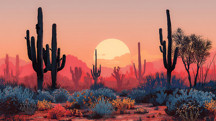 JPG 식물 일러스트 자연 바람 산 선인장 국화 풍경 태양 노을 고요 일몰 사막 고독 저녁 편안함 그림 뷰티풀 색감 국내일러스트 자연요소 꽃 감정 날씨 감각 야간 생태계 파일형식