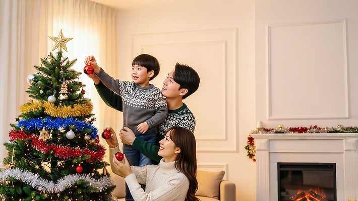 JPG 편집이미지 행복 아들 크리스마스 겨울 가족 놀이 주택 함께함 따뜻함 장식 부모 크리스마스트리 소중 순간 편집실사 계절 기념일 감정 컨셉 관계 건물 CG 파일형식