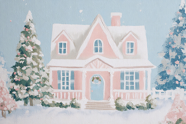 JPG 나무 외관 분홍색 크리스마스 겨울 일러스트 조명 주택 따뜻함 풍경 장식 평화 고요 파스텔 오후 전경 눈덮임 국내일러스트 식물 계절 기념일 컬러 컨셉 학용품 건물 파일형식 탑뷰