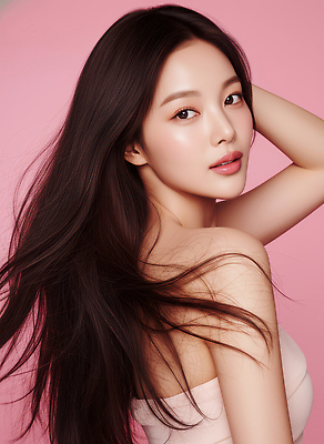 JPG 모델 편집이미지 긴머리 패션 포즈 사람 청춘 화장 사진촬영 매력적 피부 뷰티풀 프로필 의료성형뷰티 스타일 분홍색배경 인플루언서 편집실사 AI인물포토 AI콘텐츠 헤어스타일 분홍색 백그라운드 컨셉 신체부위 뷰티 촬영 CG 파일형식 유명인 AI포토
