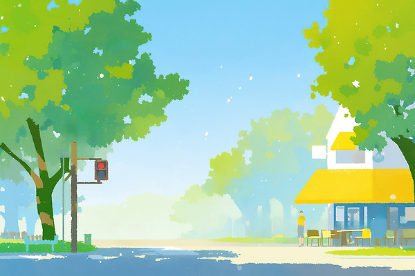 JPG 나무 여유 커피 일러스트 자연 아침 거리 사람 일상 도시풍경 햇빛 평화 카페 만남 대기 신호등 가로수 적신호 국내일러스트 주간 식물 감정 음료 컨셉 풍경 라이프 태양 상점 도시 생태계 파일형식
