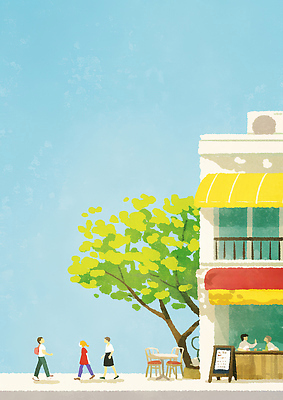 JPG 나무 커피 일러스트 자연 하늘 아침 거리 사람 풍경 여러명 일상 여름 평화 산책 카페 보행자 도심 그늘 시원함 오후 국내일러스트 주간 식물 계절 음료 다수 컨셉 휴식 라이프 상점 도시 생태계 파일형식