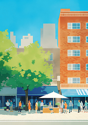 JPG 나무 일러스트 모션 자연 거리 대화 풍경 여러명 건물 일상 여름 햇빛 상점 카페 모임 발코니 도시 즐거움 소통 국내일러스트 식물 건축물 계절 감정 다수 컨셉 말하기 사람 라이프 태양 생태계 파일형식