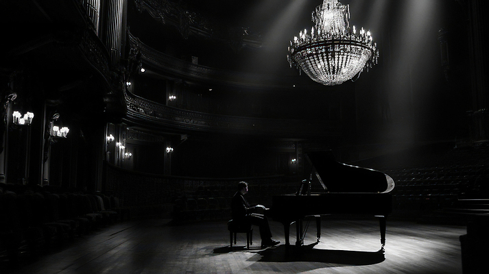 JPG 편집이미지 예술 음악 연주 조명 흑백 고요 공연 음악가 무대 피아노 클래식 공연장 샹들리에 감성 순간 편집실사 직업 컨셉 문화예술 촬영기법 이벤트 건반악기 극장 CG 파일형식