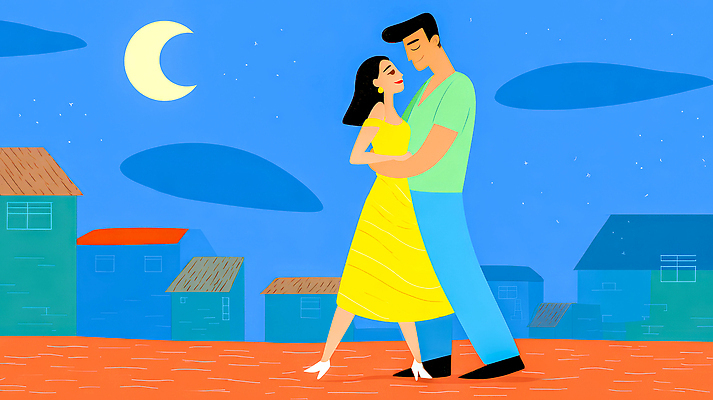 감정 컬러 컨셉 관계 문화예술 건물 라이프 여름 파티 달 야간 파일형식 달빛 커플 춤 여름밤 야외 행복 사랑 소통 분위기 일상 주택 백그라운드 사람 청록색 청춘 JPG 국내일러스트 일러스트 루프탑 옥상