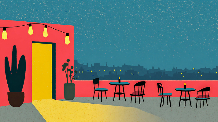 JPG 식물 별 야경 의자 일러스트 자연 탁자 하늘 휴식 조명 대화 친구 공간 발코니 도시 분위기 저녁 편안함 옥상 고객 루프탑 국내일러스트 AI일러스트 AI콘텐츠 자연요소 가구 컨셉 관계 말하기 파티 감각 야간 생태계 파일형식 풍경_경치