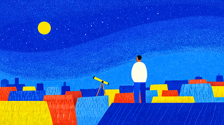 JPG 남자 별 컬러 일러스트 자연 하늘 지붕 풍경 우주 망원경 달 관찰 도시 옥상 호기심 천문학 별빛 루프탑 국내일러스트 AI일러스트 AI콘텐츠 자연요소 교육 감정 컨셉 모션 사람 빛 파티 생태계 파일형식