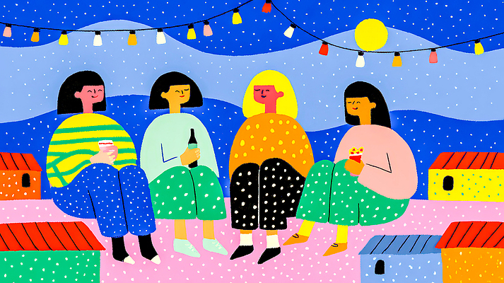 JPG 행복 음료 컬러 일러스트 휴식 조명 따뜻함 대화 웃음 풍경 야외 여름 파란색 친구 노란색 모임 분위기 편안함 옥상 즐거움 소셜 루프탑 국내일러스트 AI일러스트 AI콘텐츠 계절 감정 컨셉 관계 표정 말하기 파티 감각 파일형식