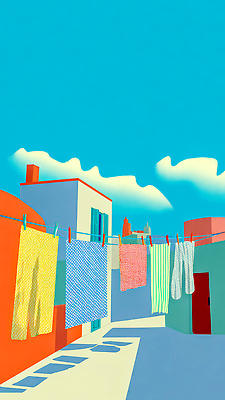 JPG 옷 건축 컬러 일러스트 자연 하늘 바람 거리 주택 풍경 일상 여름 수건 햇빛 평화 마을 빨래 옥상 루프탑 국내일러스트 AI일러스트 AI콘텐츠 자연요소 계절 컨셉 가사 날씨 건물 라이프 위생용품 태양 파티 생태계 파일형식