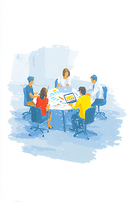 JPG 일러스트 회의 커뮤니케이션 그래프 협력 아이디어 직장 기술 협상 사무실 자료 토론 집중 프레젠테이션 분석 소통 원형탁자 브레인스토밍 국내일러스트 AI일러스트 AI콘텐츠 컨셉 회사 비즈니스 탁자 파일형식