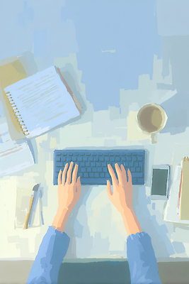 JPG 손 커피 일러스트 텍스트 아침 기술 경고 스마트폰 사무실 필기구 사무용품 자료 키보드 기록 작업 집중 책상 문서 국내일러스트 AI일러스트 AI콘텐츠 주간 음료 가구 컨셉 비즈니스 문구용품 신체부위 핸드폰 스마트기기 파일형식