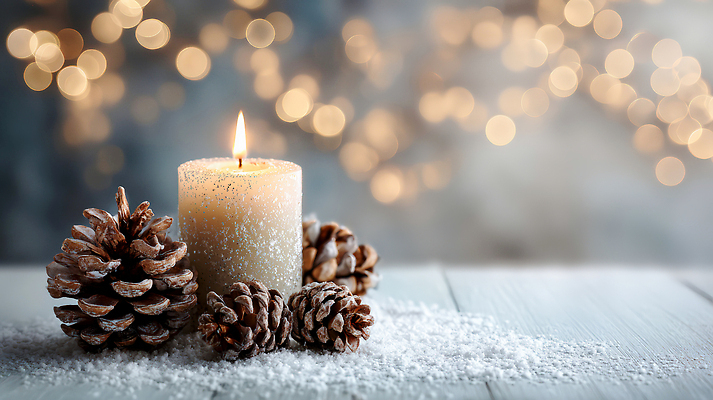 JPG 편집이미지 백그라운드 크리스마스 겨울 촛불 자연 조명 따뜻함 장식 인테리어 흰색 분위기 편안함 오브젝트 솔방울 편집실사 AI포토 AI콘텐츠 디자인 계절 기념일 컬러 컨셉 초 감각 CG 생태계 파일형식