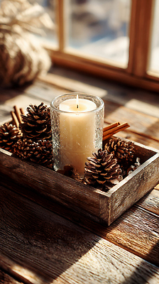 JPG 나무 편집이미지 겨울 초 자연 탁자 잔 실내 따뜻함 장식 빛 인테리어 편안함 오브젝트 솔방울 시나몬 편집실사 AI포토 AI콘텐츠 식물 식기 디자인 계절 가구 내부 감각 CG 생태계 파일형식