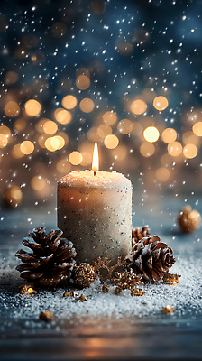 JPG 편집이미지 크리스마스 설경 겨울 촛불 자연 휴식 장식 빛 평화 분위기 저녁 편안함 장면 솔방울 편집실사 AI포토 AI콘텐츠 계절 기념일 컨셉 초 풍경 감각 야간 CG 생태계 파일형식