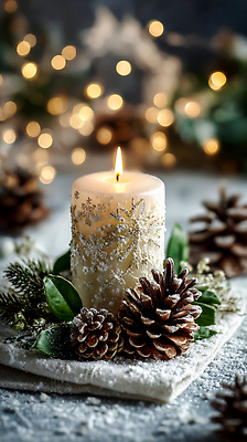 JPG 편집이미지 감정 크리스마스 겨울 촛불 자연 따뜻함 장식 빛 축제 소나무 편안함 솔방울 잣나무 편집실사 AI포토 AI콘텐츠 나무 계절 기념일 초 감각 CG 생태계 파일형식