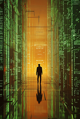 JPG 편집이미지 미래 기술 그림자 사람 초록색 빛 환경 디지털 주황색 자료 공간 탐험 통로 이미지 미로 데이터베이스 이미지편집 컬러 컨셉 파일형식