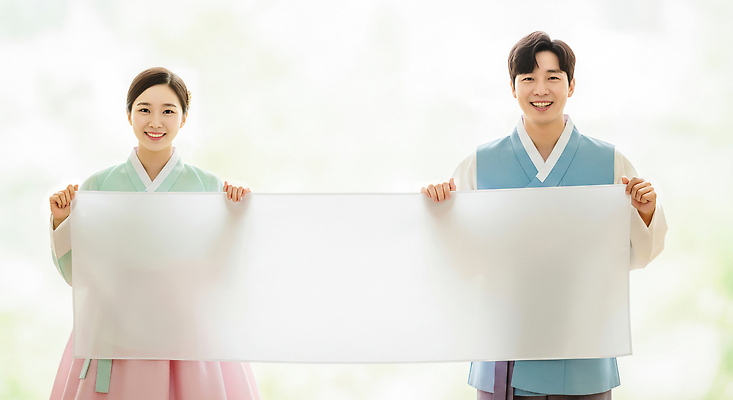 JPG 편집이미지 전통 배너 옷 행복 감정 문화 기념 한국 표정 웃음 두명 한복 편집실사 한국전통 아시아 사람 전통의상 CG 파일형식